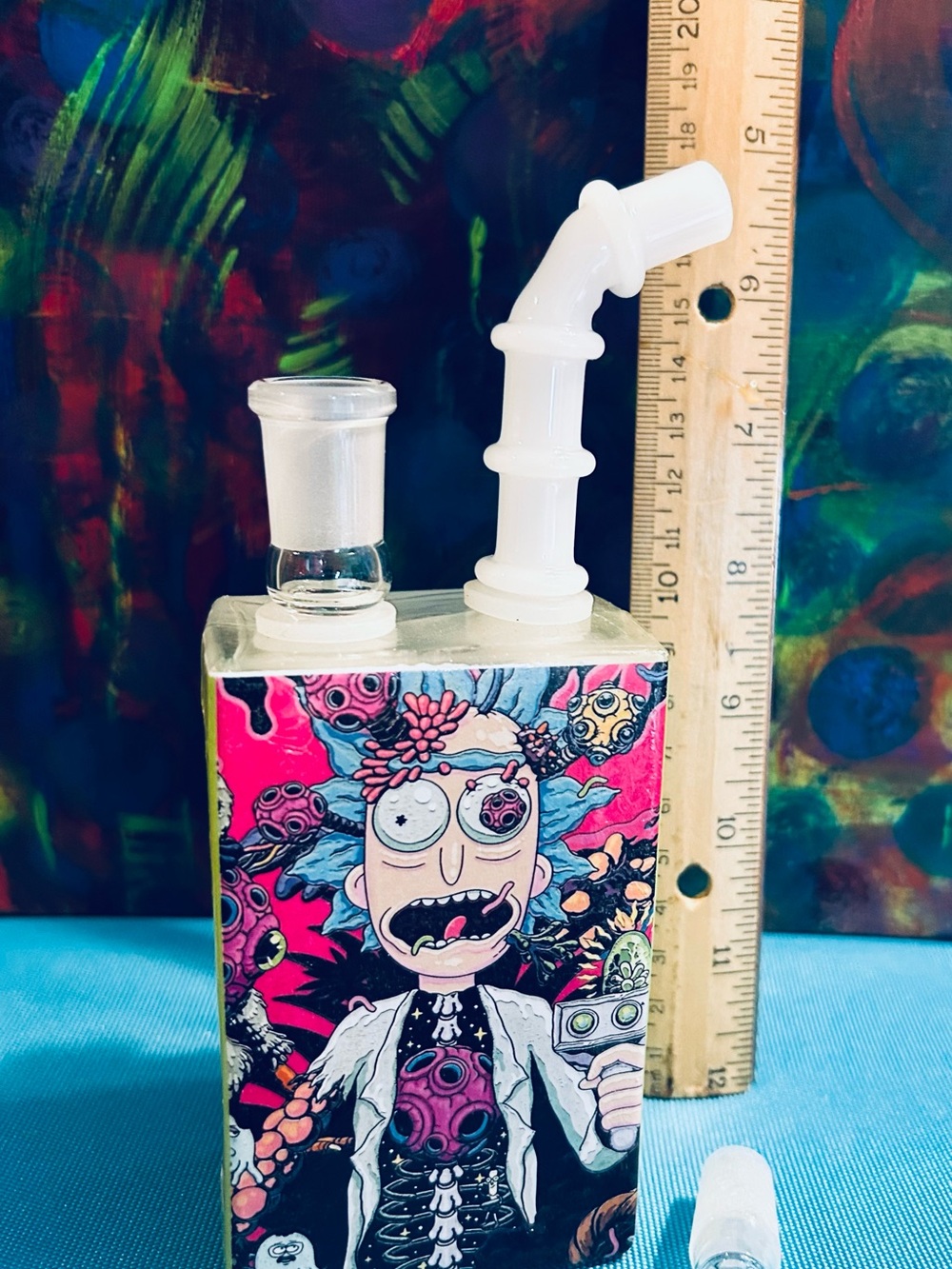 Glass Art Water piece juice box featuring Rick and Morty